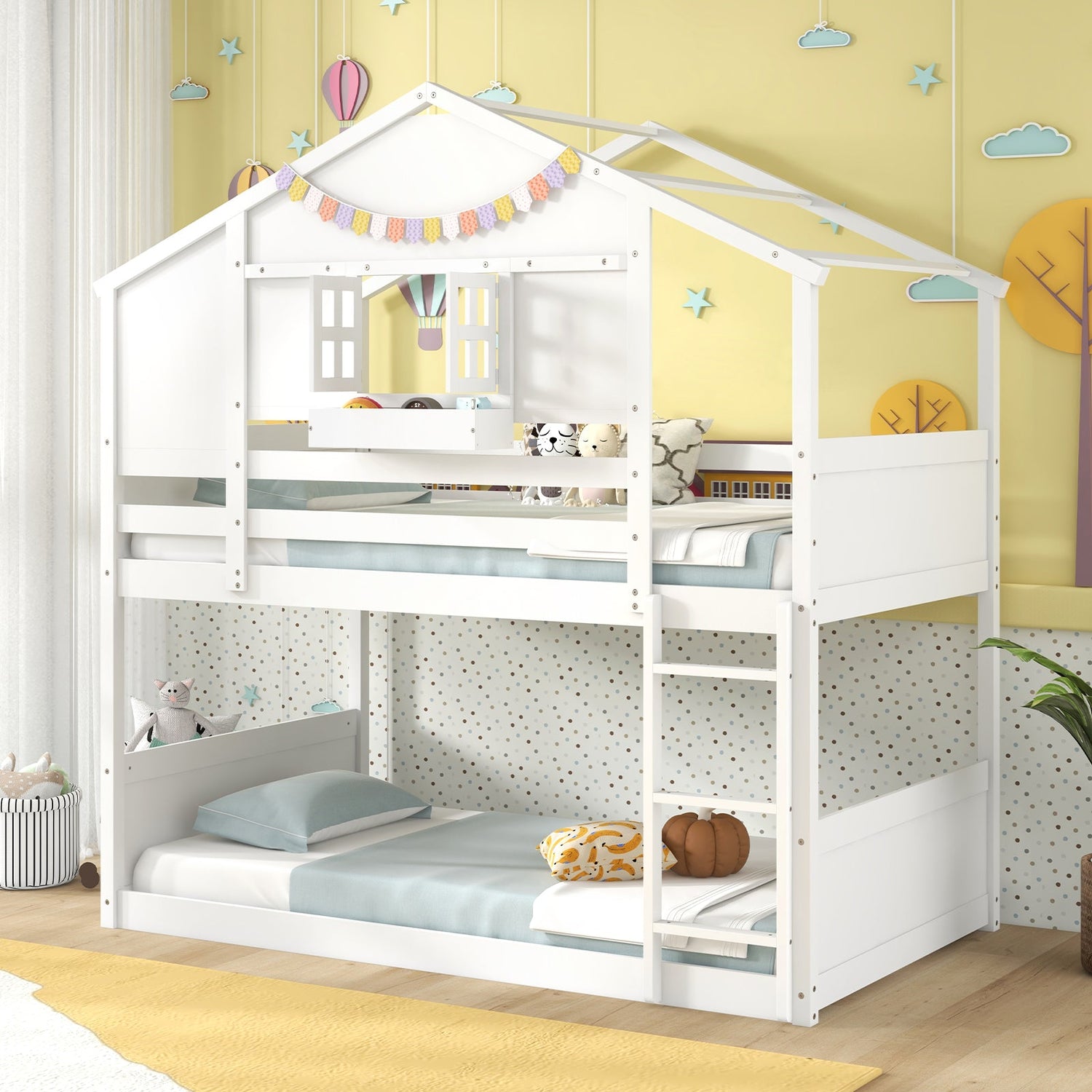 Litera doble sobre doble para niños con techo y ventana con cerradura - Blanco