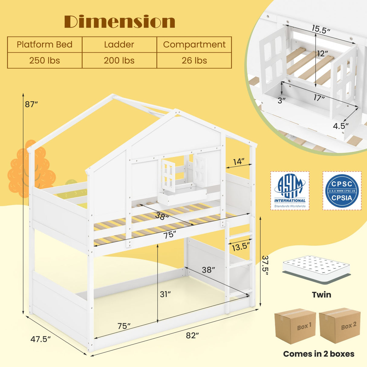 Litera doble sobre doble para niños con techo y ventana con cerradura - Blanco