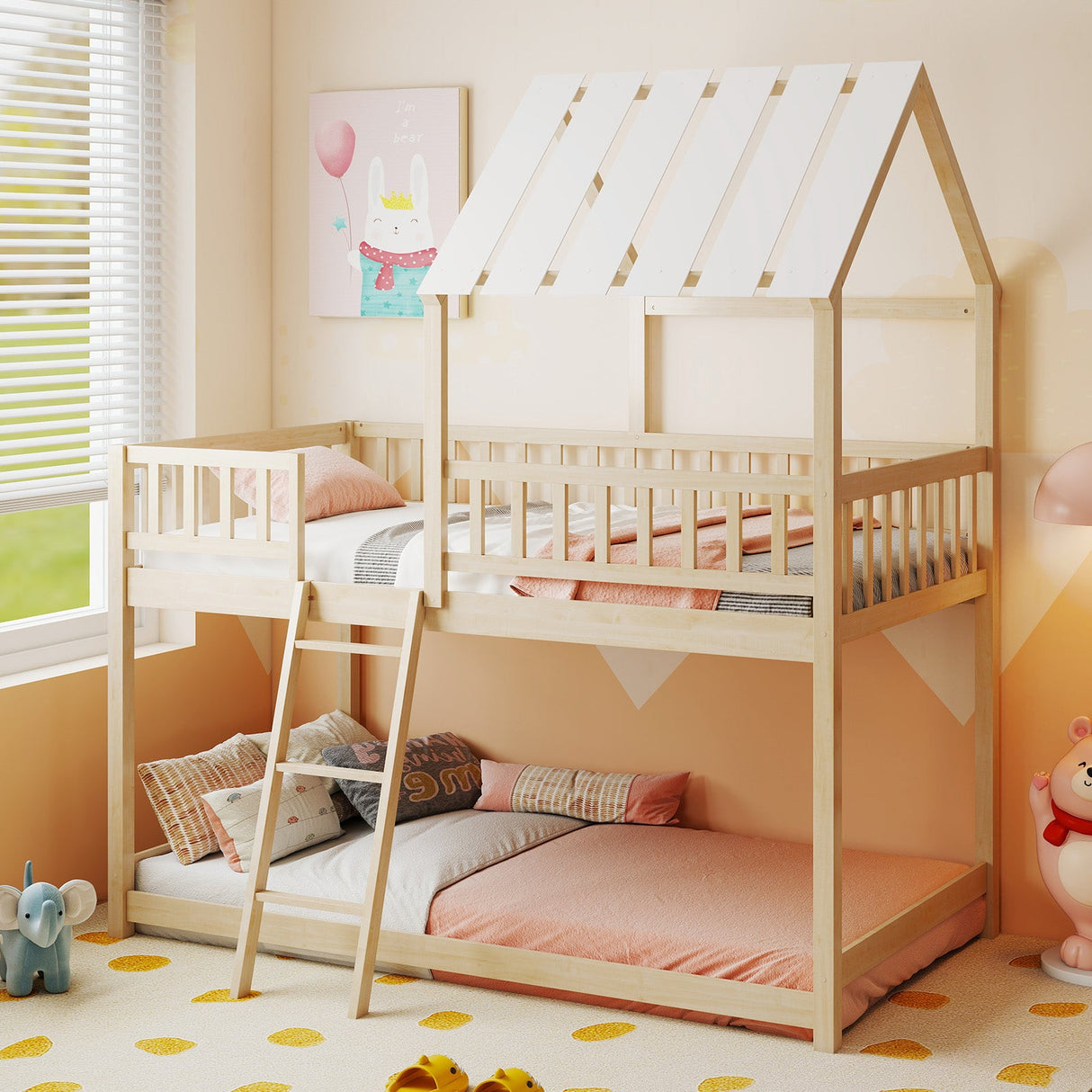 Litera con diseño de casa, tamaño individual sobre individual, con techo y barandales de seguridad de cuerpo entero para niños y adolescentes.