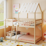 Litera con diseño de casa, tamaño individual sobre individual, con techo y barandales de seguridad de cuerpo entero para niños y adolescentes.