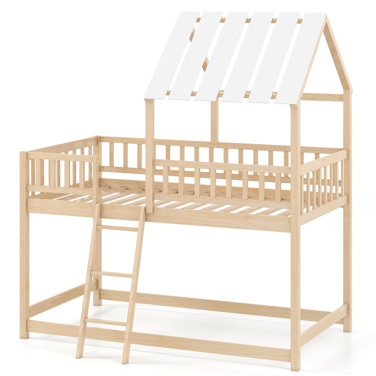 Litera con diseño de casa, tamaño individual sobre individual, con techo y barandales de seguridad de cuerpo entero para niños y adolescentes.