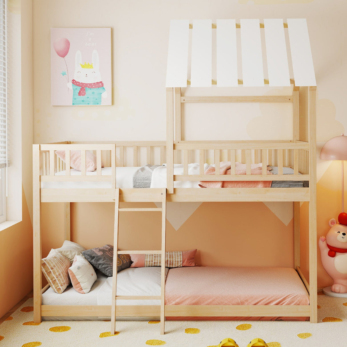 Litera con diseño de casa, tamaño individual sobre individual, con techo y barandales de seguridad de cuerpo entero para niños y adolescentes.