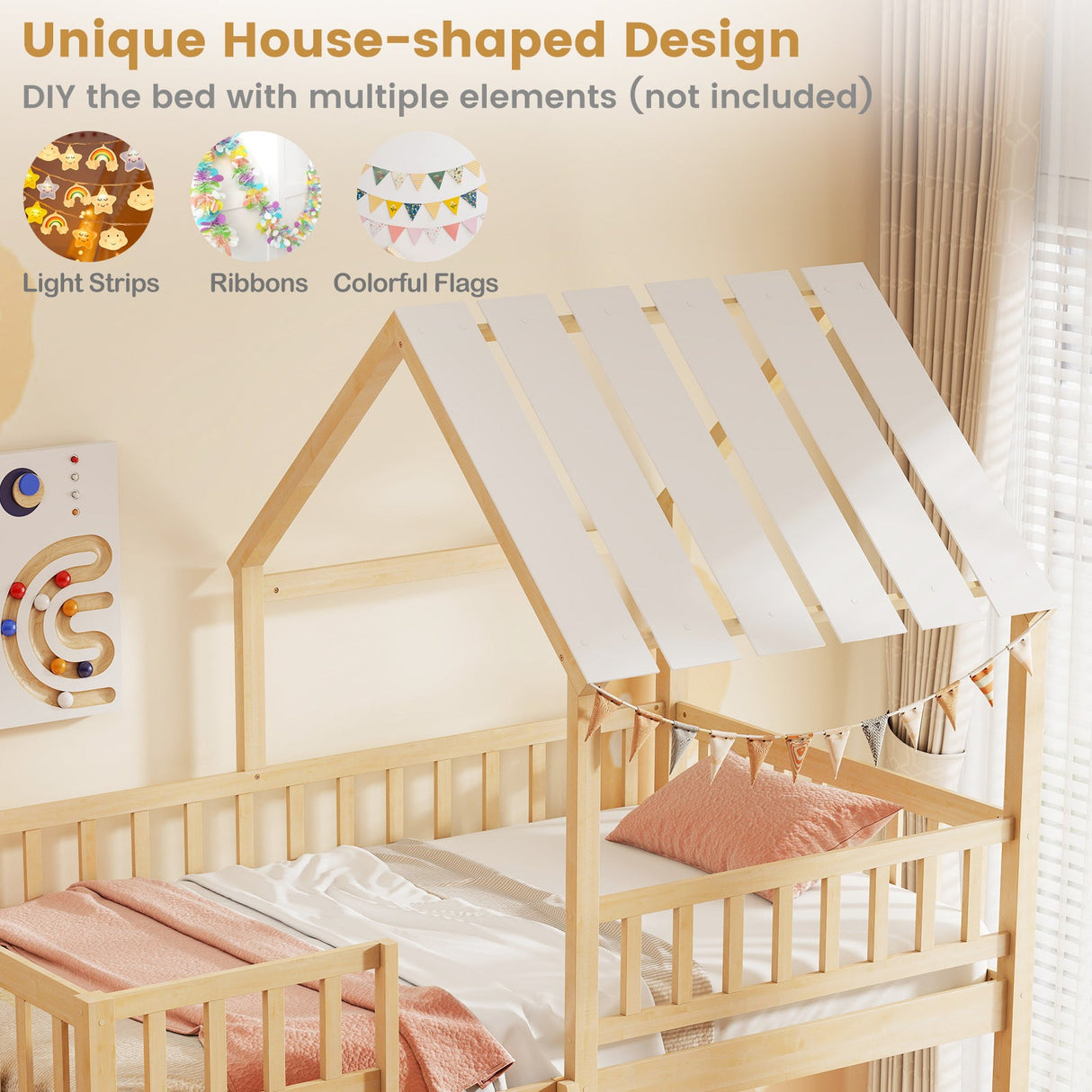 Litera con diseño de casa, tamaño individual sobre individual, con techo y barandales de seguridad de cuerpo entero para niños y adolescentes.