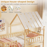 Litera con diseño de casa, tamaño individual sobre individual, con techo y barandales de seguridad de cuerpo entero para niños y adolescentes.