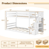 Twin Over Twin Low Bunk Bed with Storage Stairs Solid Wood Floor Bunk Bed Frame