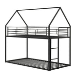 Twin Over Twin Metal Bunk Bed with Roof and Ladder