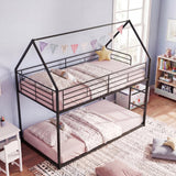 Twin Over Twin Metal Bunk Bed with Roof and Ladder