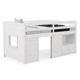 Twin Size Solid Wood Low Loft Bed with Storage and Drawer-White