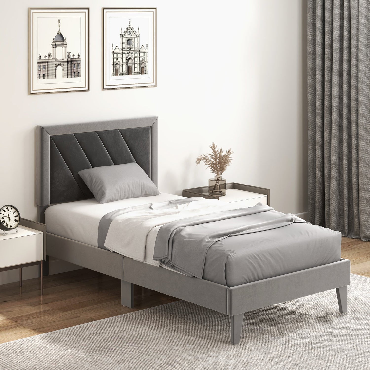 Cama tipo plataforma doble/matrimonial/Queen con cabecero alto y listones de madera