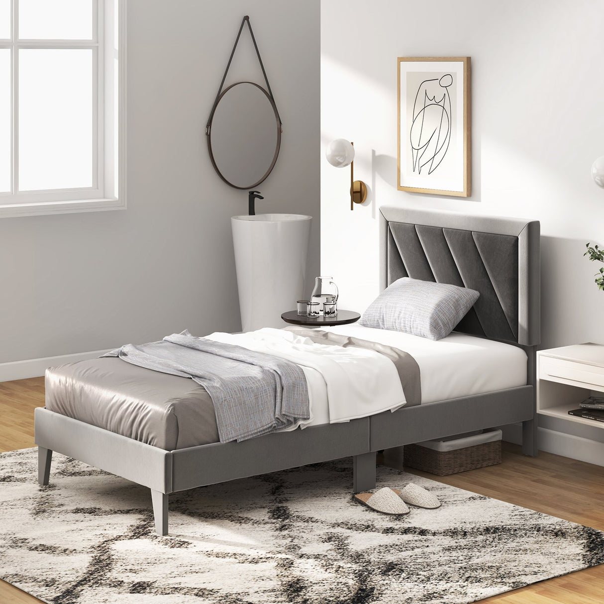 Cama tipo plataforma doble/matrimonial/Queen con cabecero alto y listones de madera