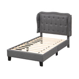 Estructura de cama individual con cabecero tapizado con botones y respaldo de ala, y espacio de almacenamiento - Gris