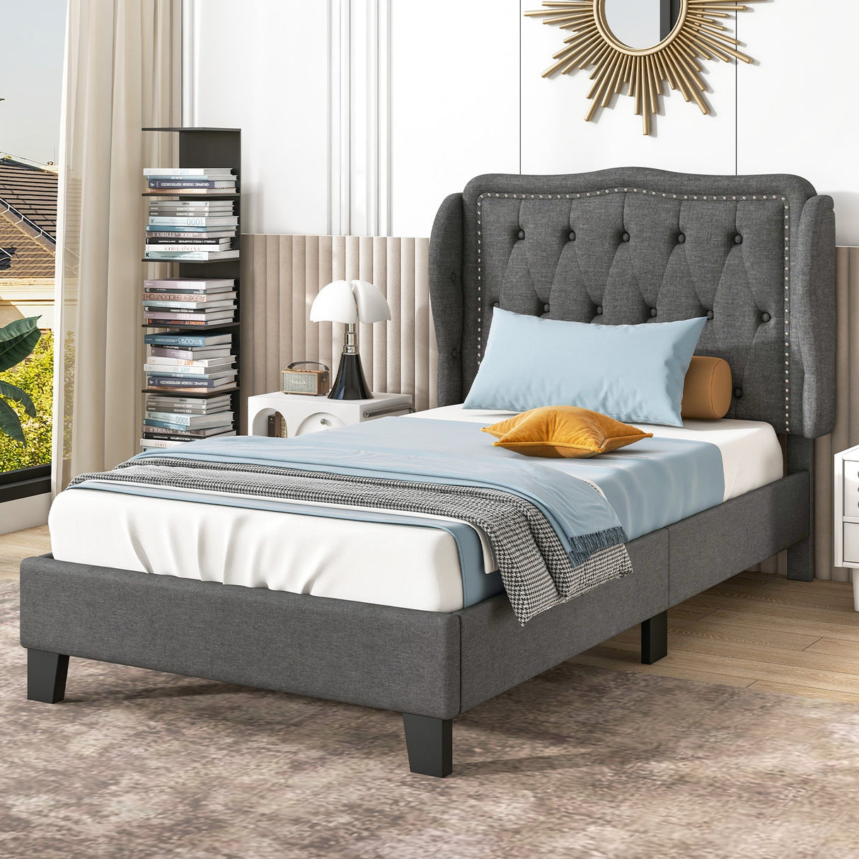 Estructura de cama individual con cabecero tapizado con botones y respaldo de ala, y espacio de almacenamiento - Gris
