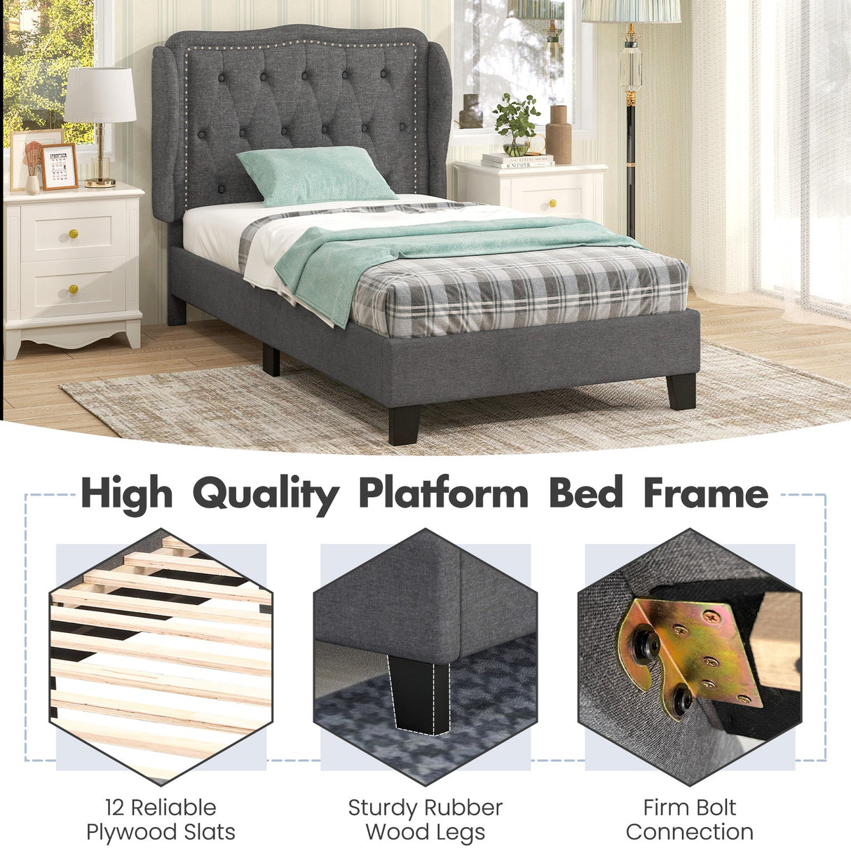 Estructura de cama individual con cabecero tapizado con botones y respaldo de ala, y espacio de almacenamiento - Gris
