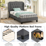 Estructura de cama individual con cabecero tapizado con botones y respaldo de ala, y espacio de almacenamiento - Gris