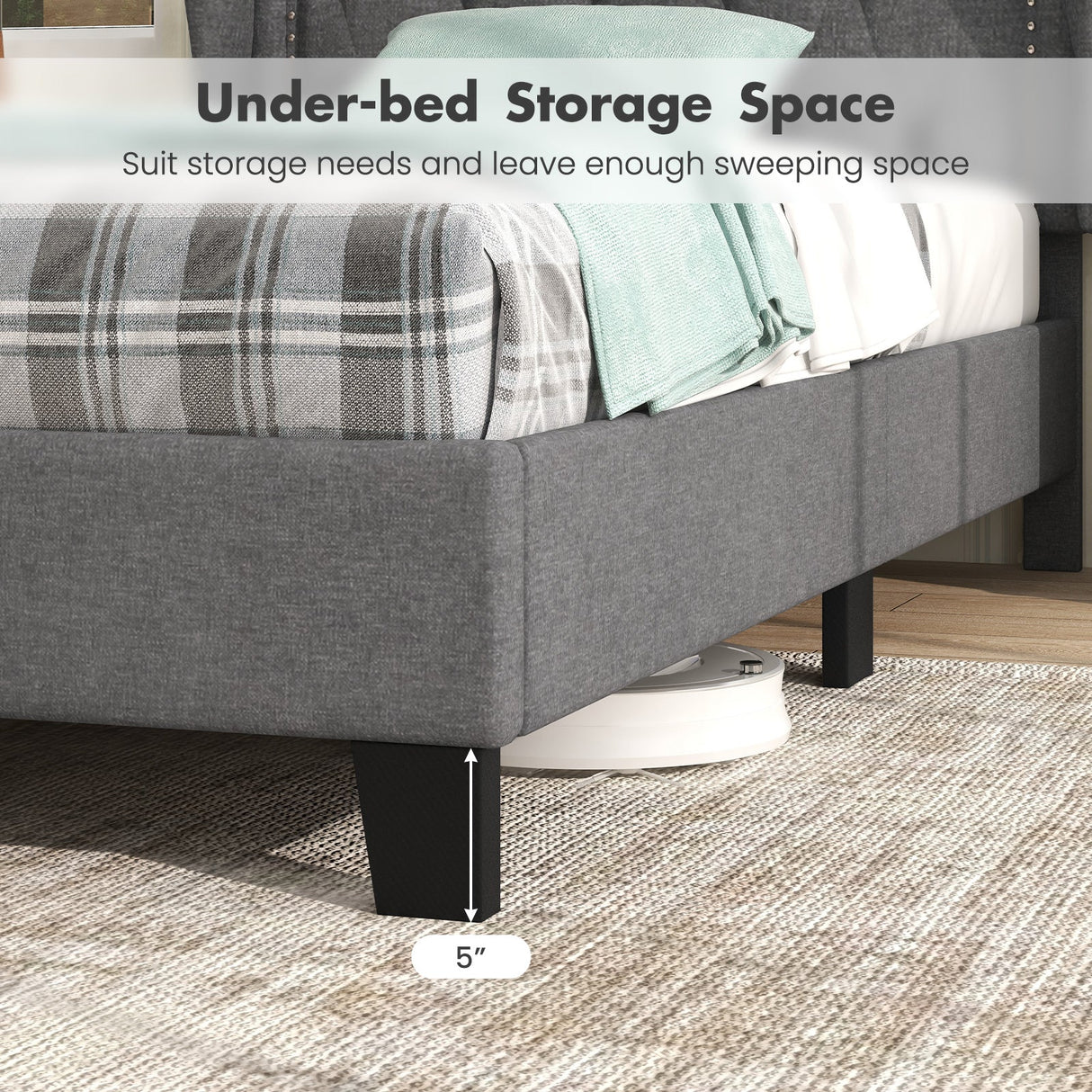 Estructura de cama individual con cabecero tapizado con botones y respaldo de ala, y espacio de almacenamiento - Gris