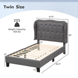 Estructura de cama individual con cabecero tapizado con botones y respaldo de ala, y espacio de almacenamiento - Gris