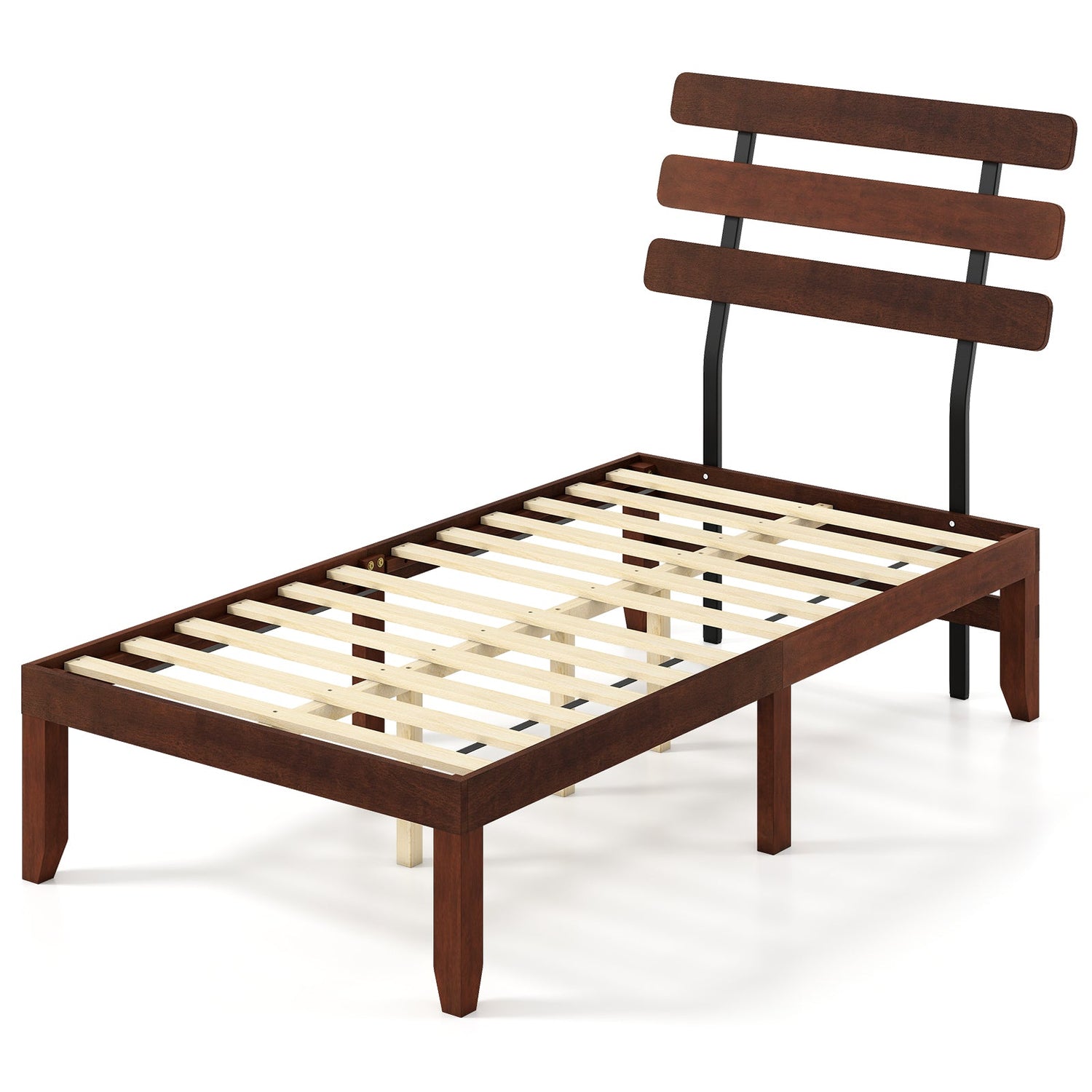 Base de cama de tamaño matrimonial de 15.5 pulgadas de madera maciza con cabecero retro