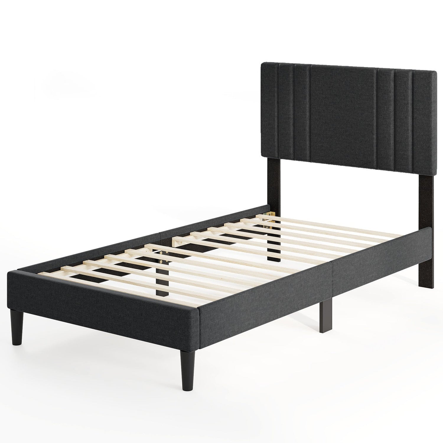 Base de cama de tamaño completo/queen/individual con cabecero tapizado con canal vertical y listones de madera