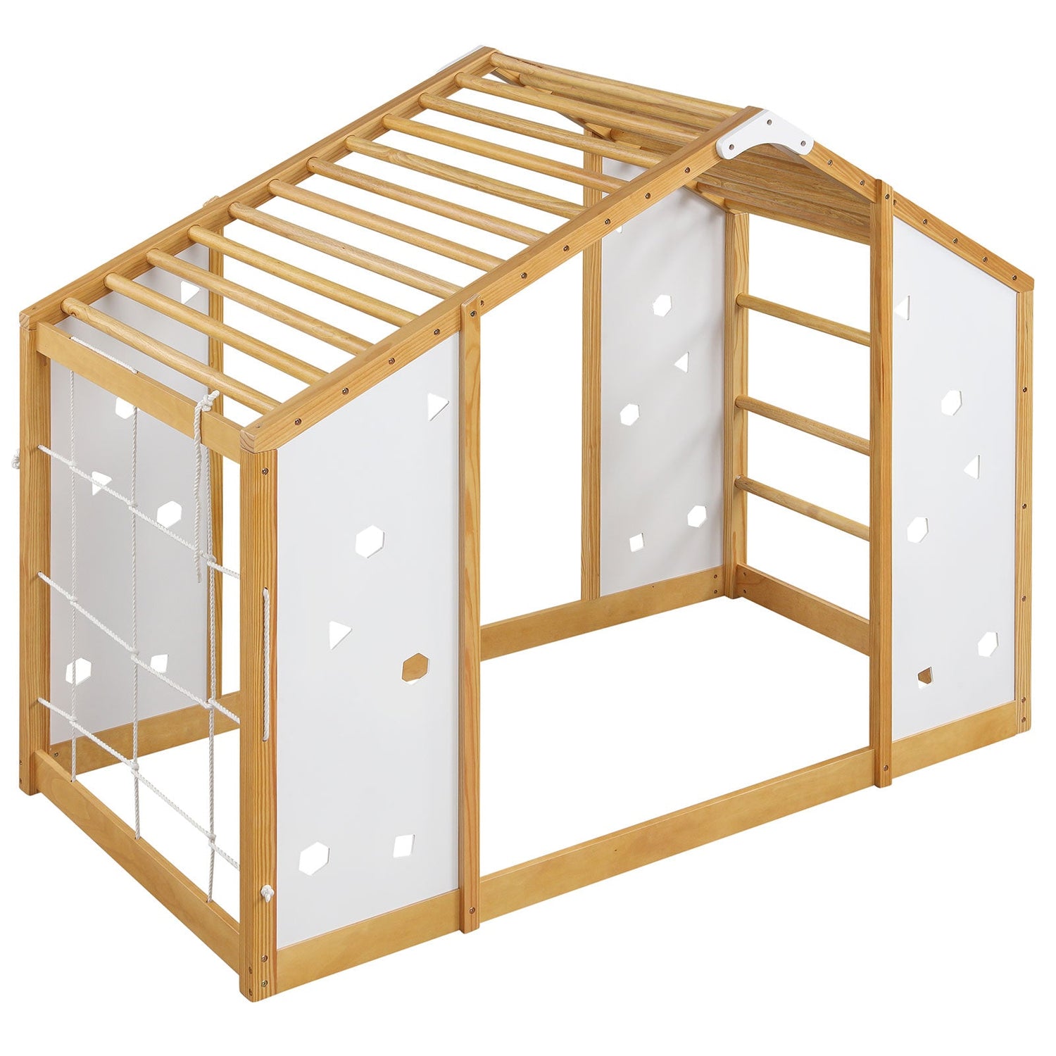 Cama de escalada tamaño individual, cama Montessori 2 en 1 con barras de mono, natural y blanco