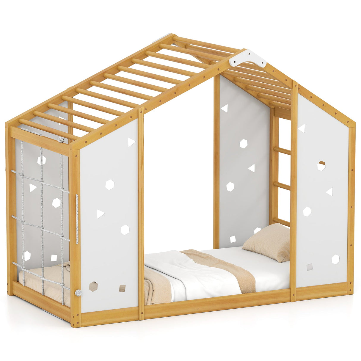 Cama de escalada tamaño individual, cama Montessori 2 en 1 con barras de mono, natural y blanco