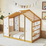 Cama de escalada tamaño individual, cama Montessori 2 en 1 con barras de mono, natural y blanco