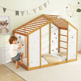 Cama de escalada tamaño individual, cama Montessori 2 en 1 con barras de mono, natural y blanco