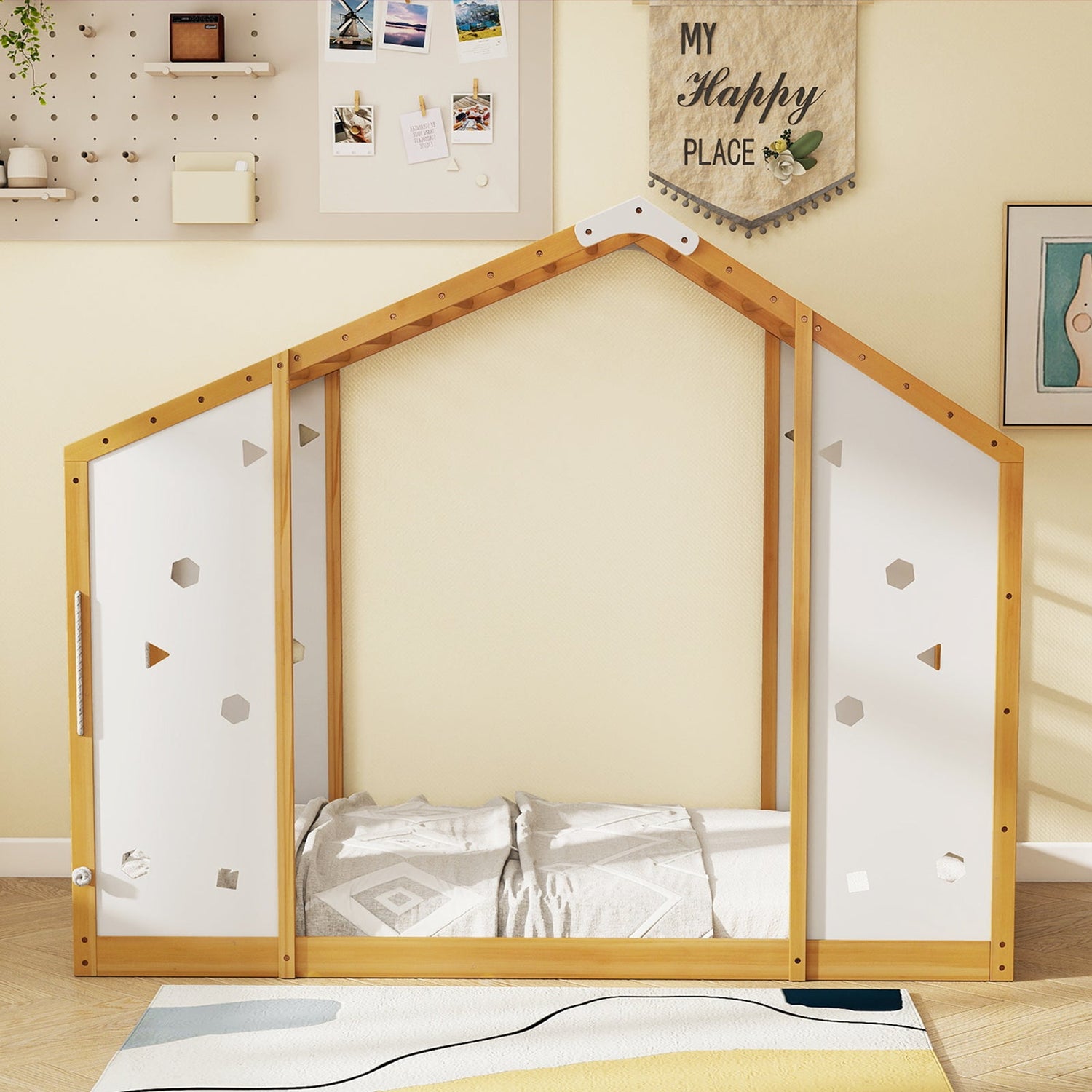 Cama de escalada tamaño individual, cama Montessori 2 en 1 con barras de mono, natural y blanco
