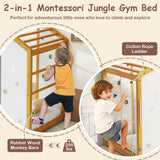 Cama de escalada tamaño individual, cama Montessori 2 en 1 con barras de mono, natural y blanco