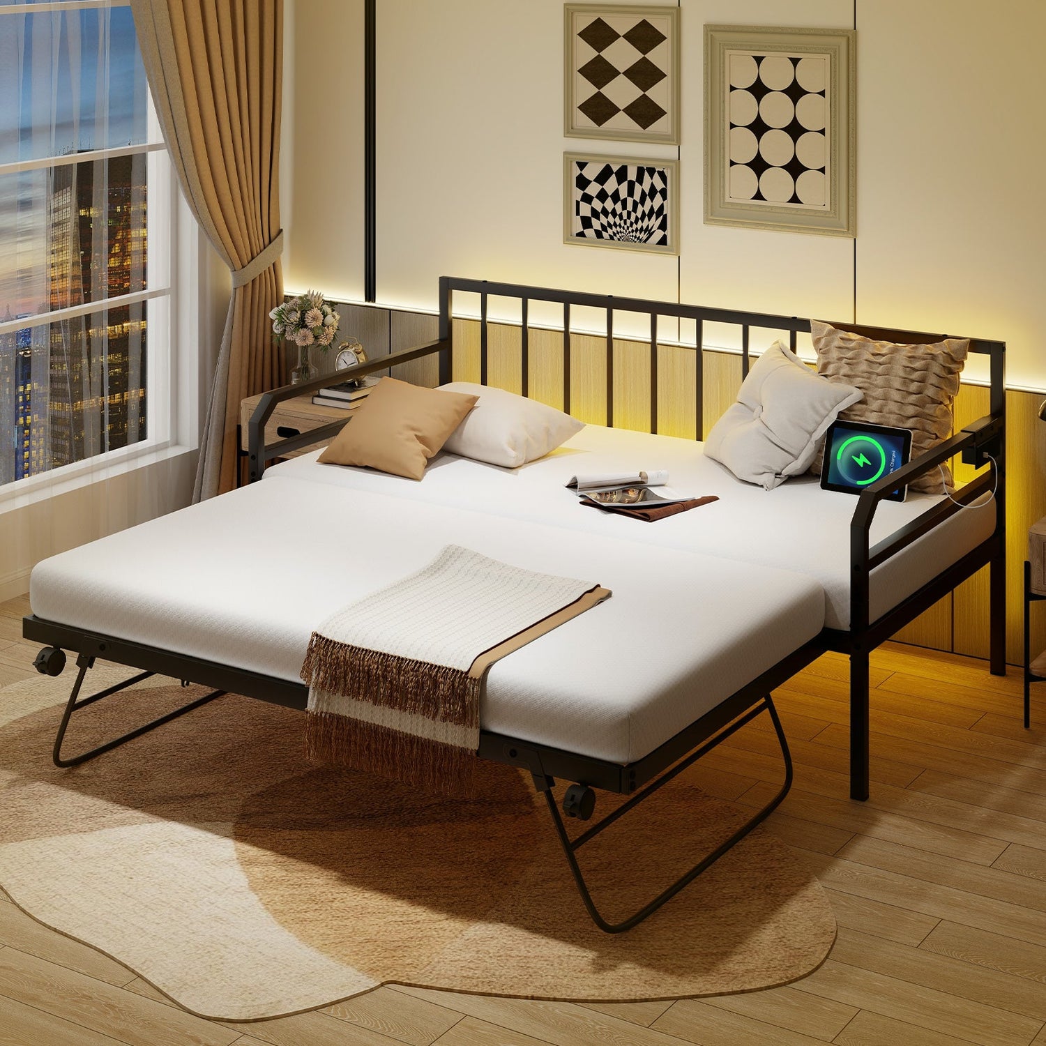 Sofá cama individual de metal ajustable con estación de carga y luz LED
