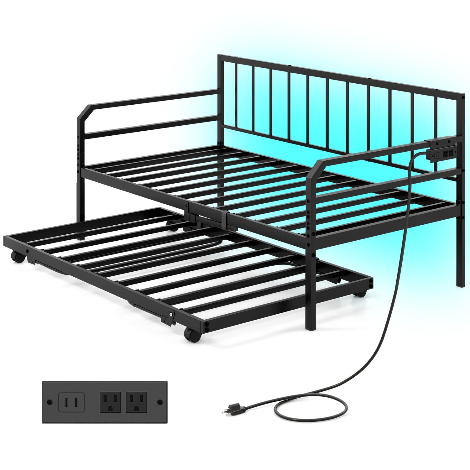 Sofá cama individual de metal ajustable con estación de carga y luz LED