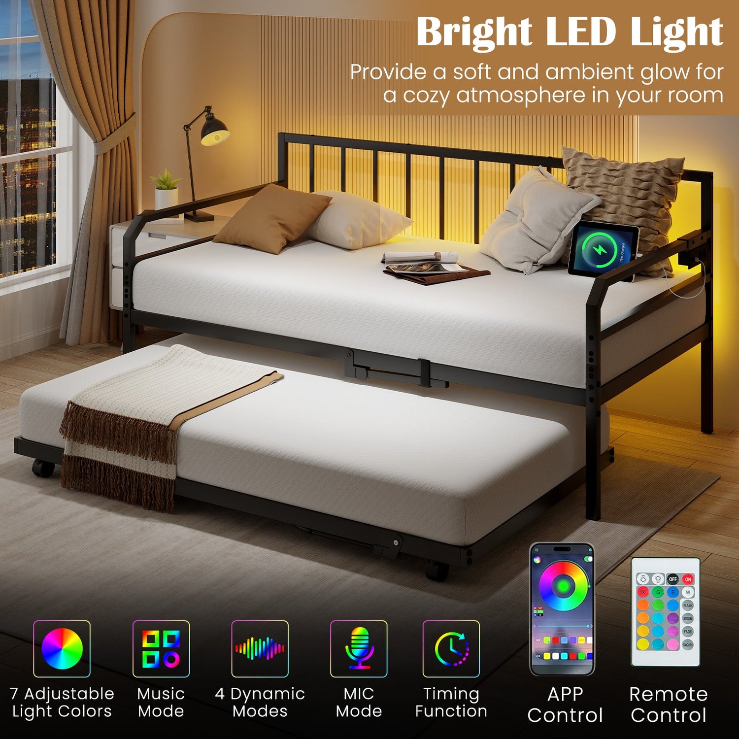 Sofá cama individual de metal ajustable con estación de carga y luz LED