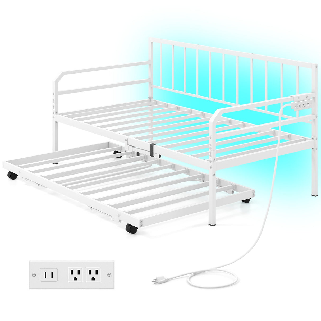 Sofá cama individual de metal ajustable con estación de carga y luz LED