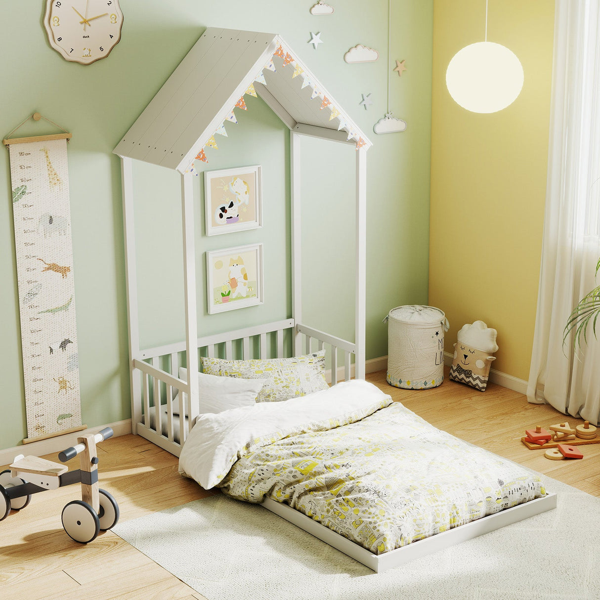 Cama con forma de casa tamaño individual con techo de casa y semifallado