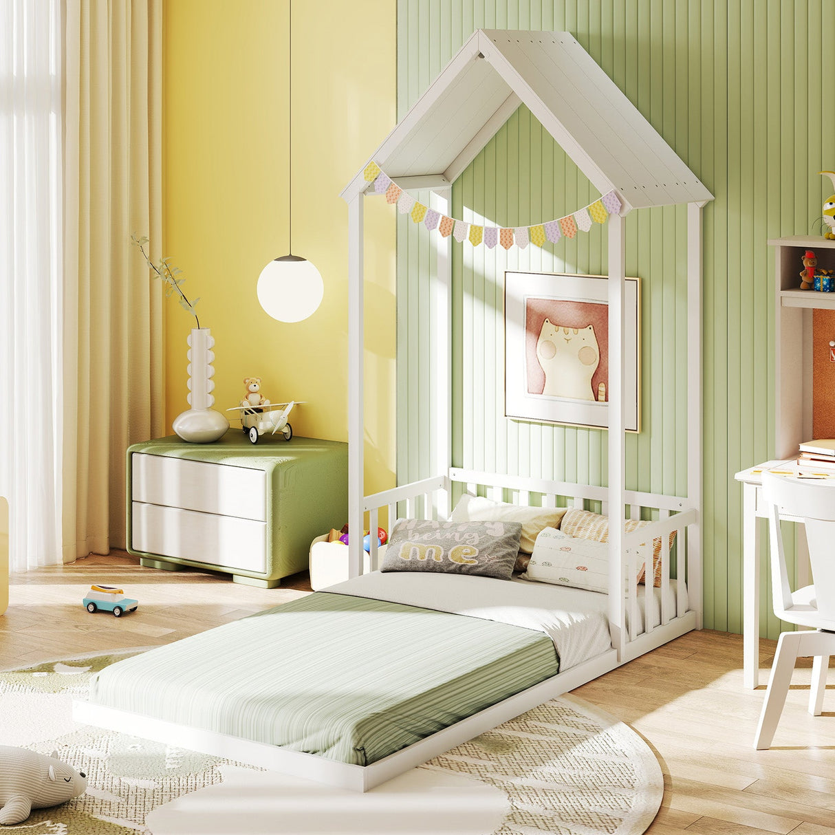 Cama con forma de casa tamaño individual con techo de casa y semifallado