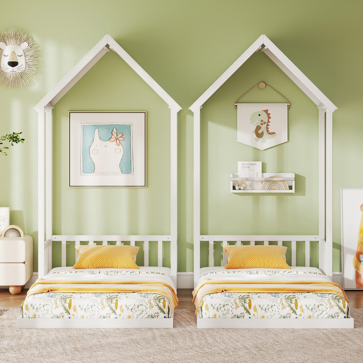 Cama con forma de casa tamaño individual con techo de casa y semifallado