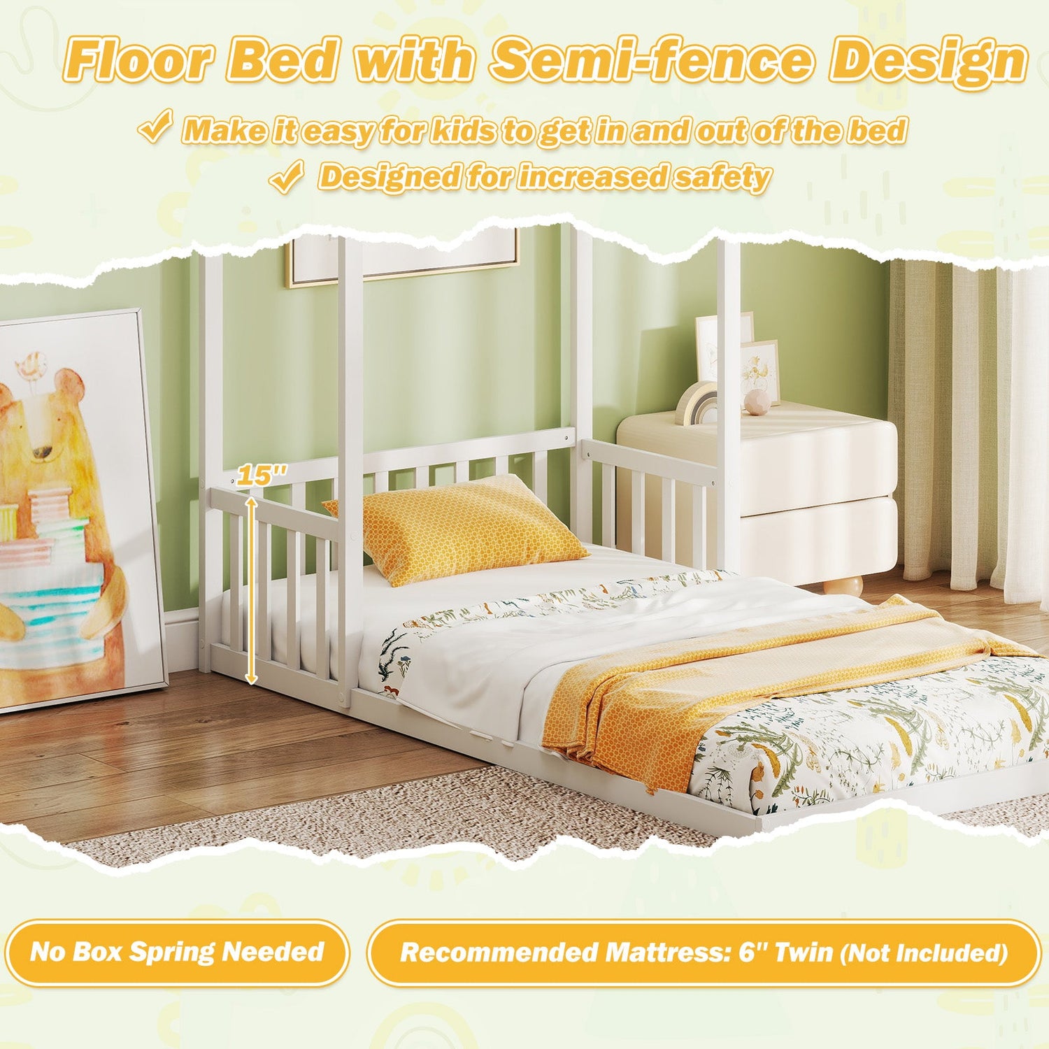 Cama con forma de casa tamaño individual con techo de casa y semifallado