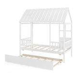 Twin Size House Bed with Trundle Kids Platform Bed with Roof Window-White