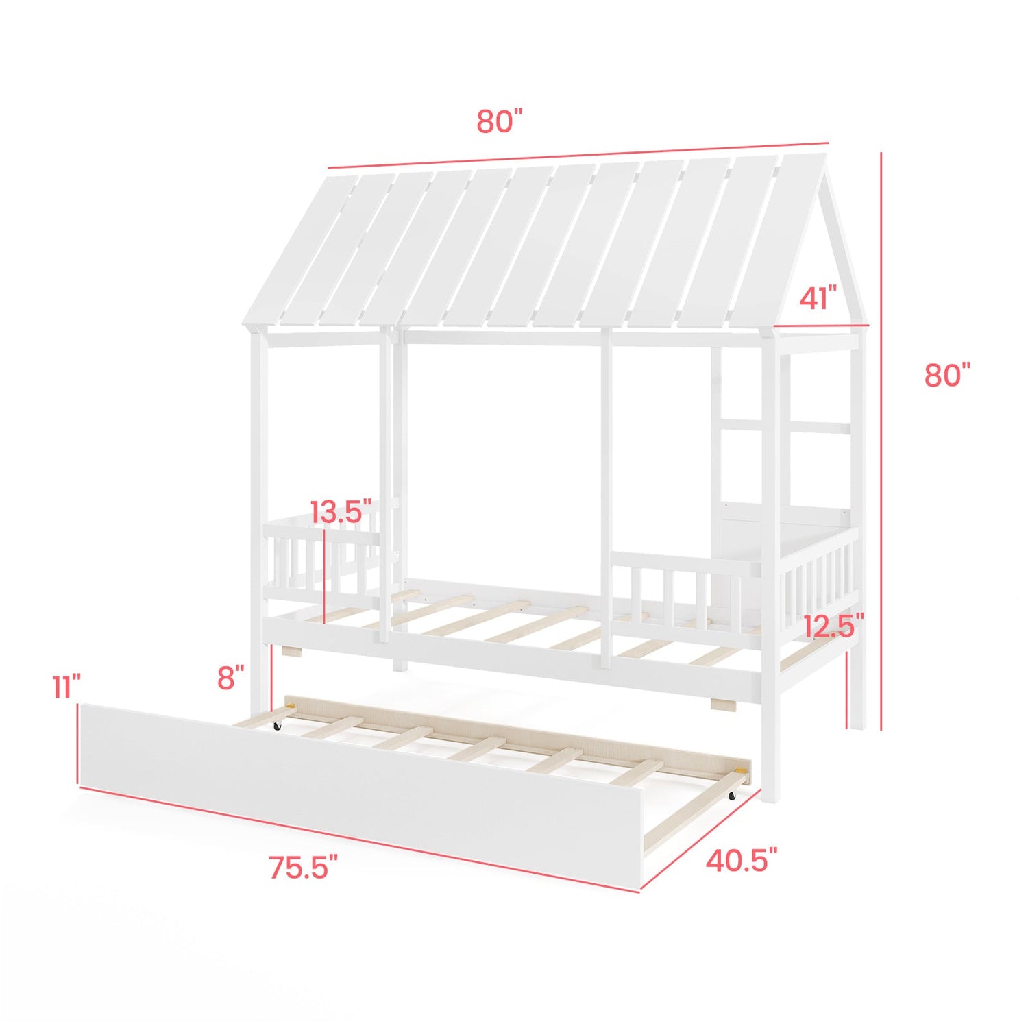 Twin Size House Bed with Trundle Kids Platform Bed with Roof Window-White