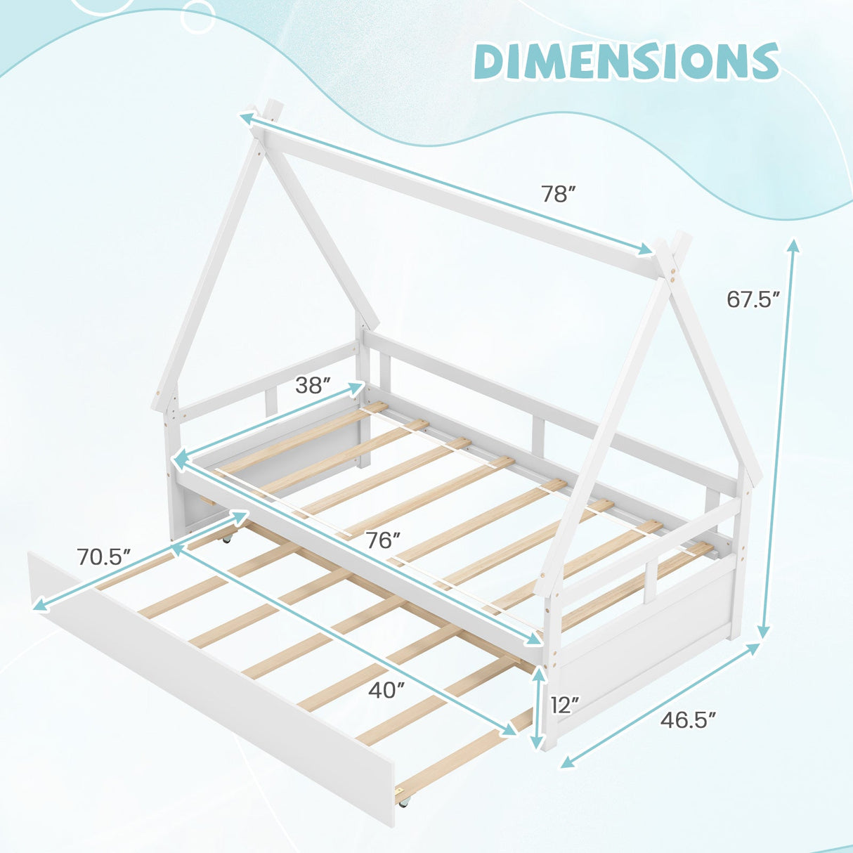 Twin Size House Bed with Trundle and Safety Guardrail