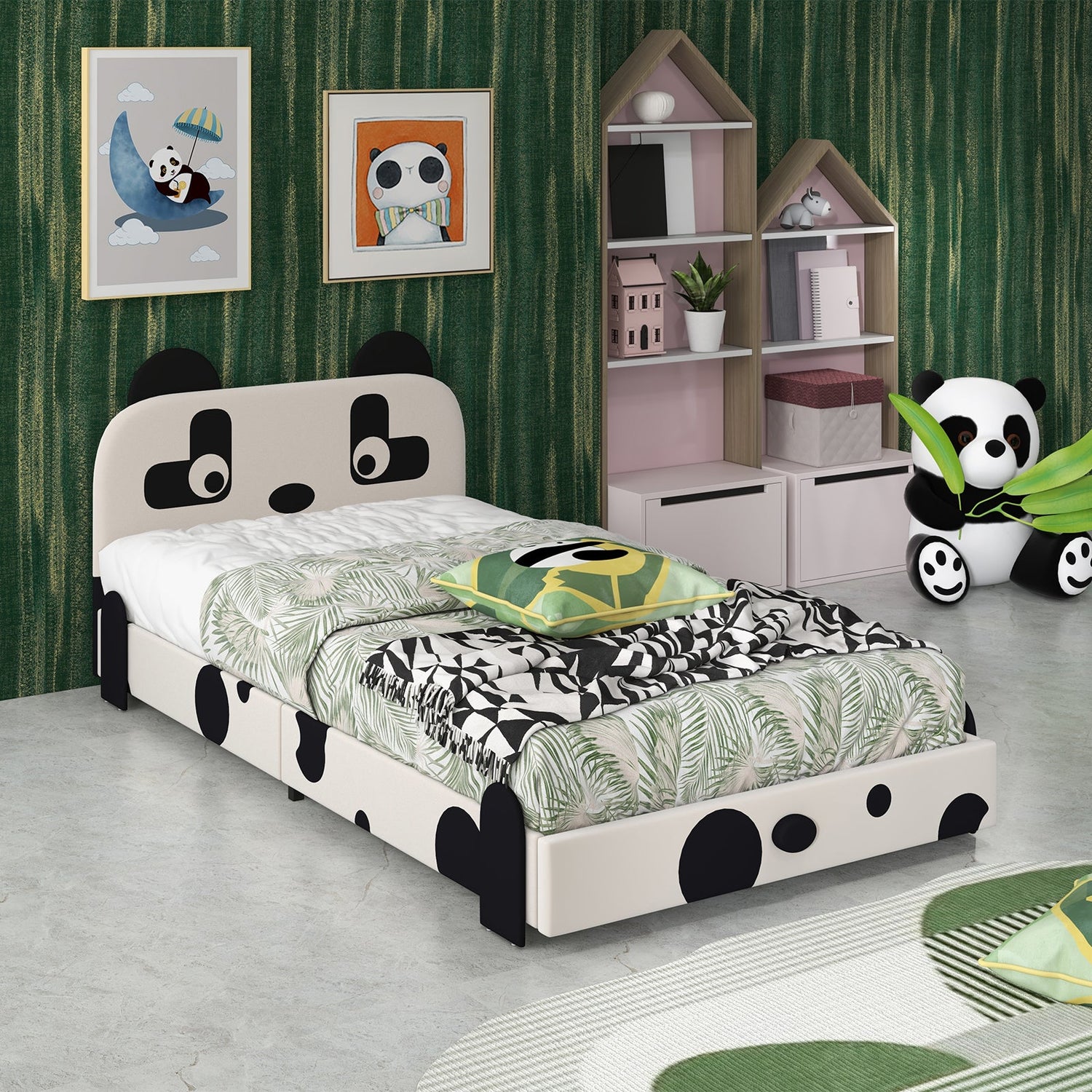 Cama infantil individual con cabecero de panda adorable