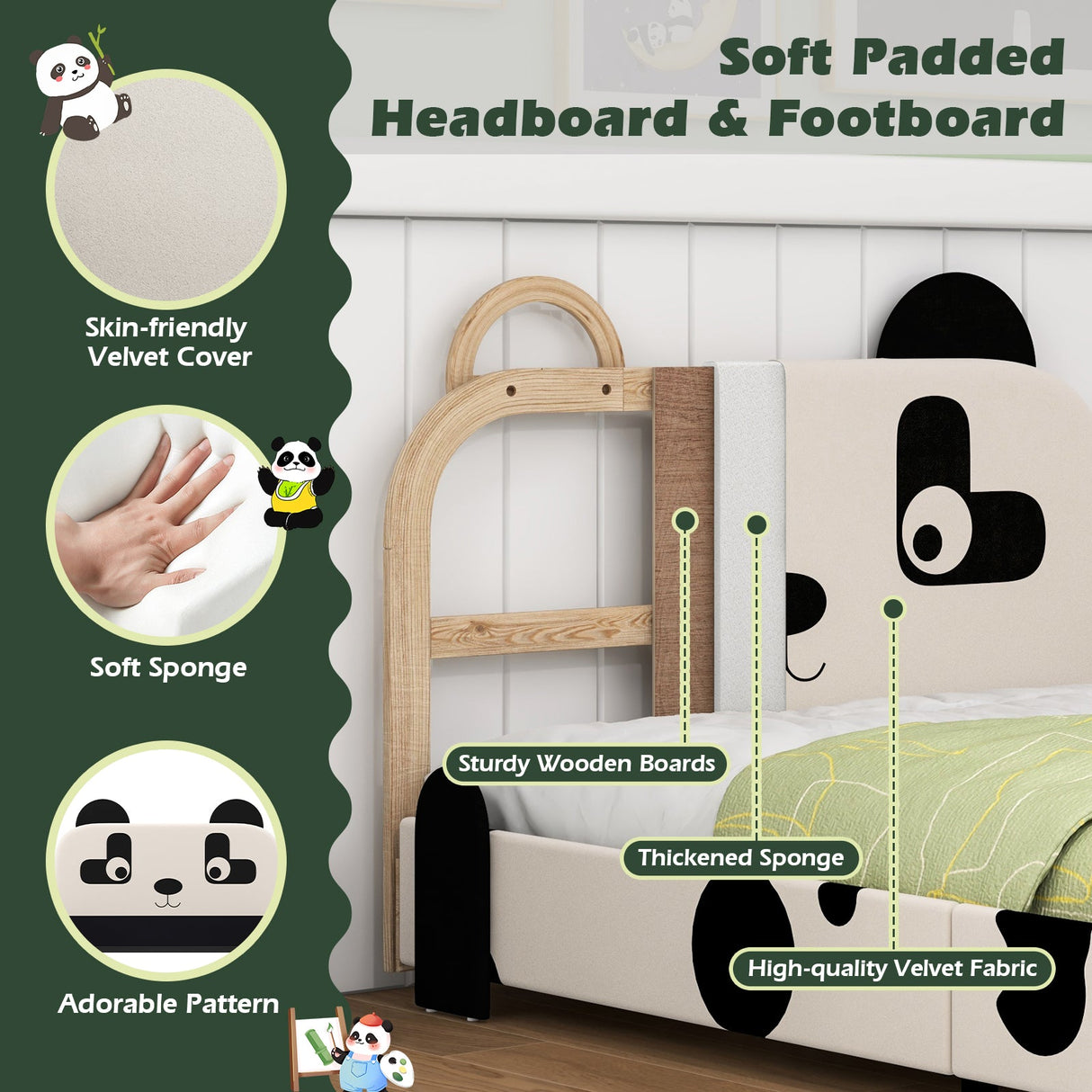 Cama infantil individual con cabecero de panda adorable