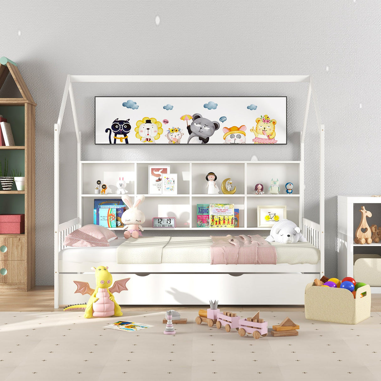 Cama nido Montessori infantil tamaño individual con techo y compartimentos de estante - Blanco