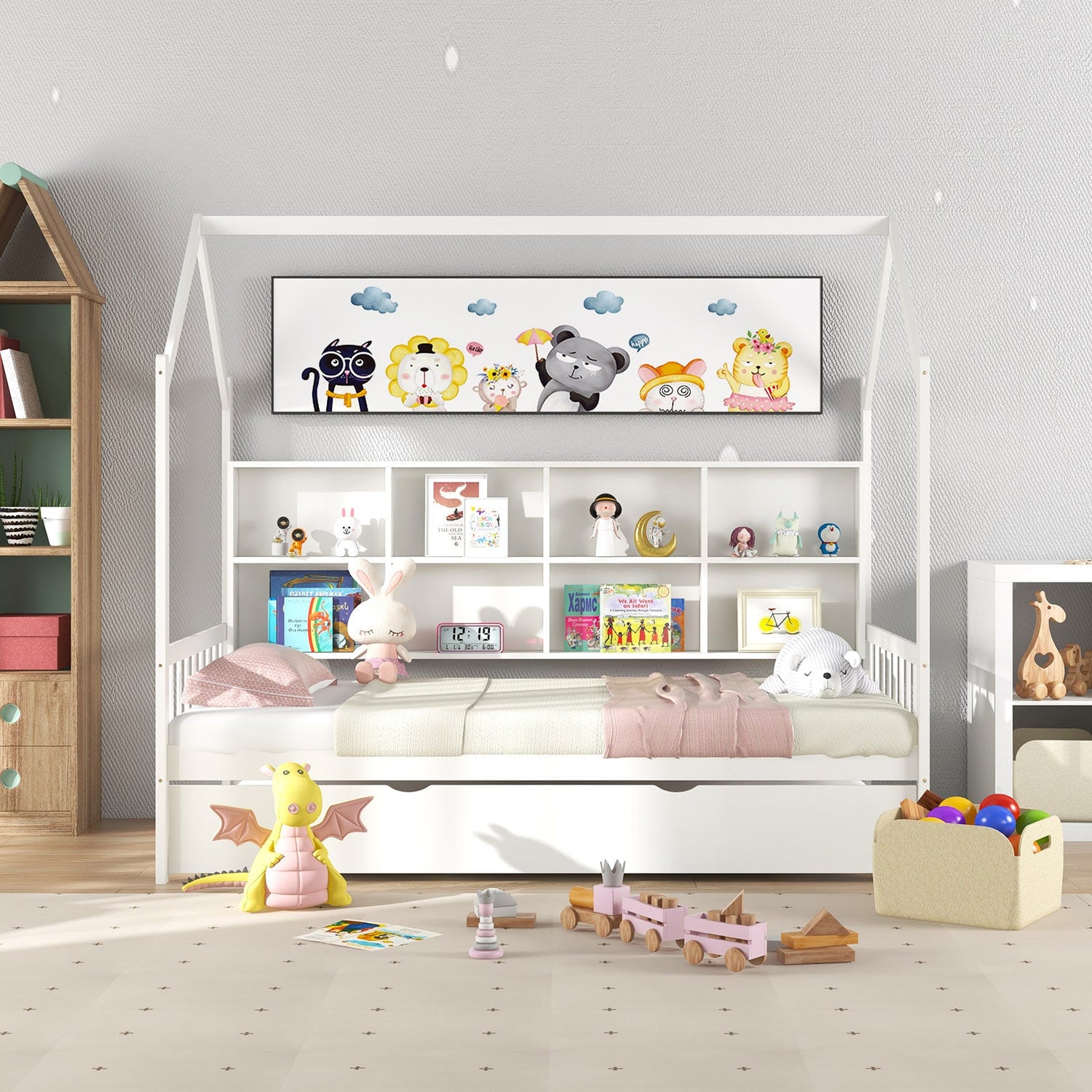 Cama nido Montessori infantil tamaño individual con techo y compartimentos de estante - Blanco