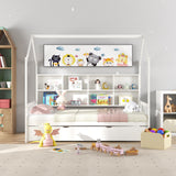Cama nido Montessori infantil tamaño individual con techo y compartimentos de estante - Blanco