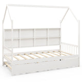 Cama nido Montessori infantil tamaño individual con techo y compartimentos de estante - Blanco