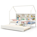 Cama nido Montessori infantil tamaño individual con techo y compartimentos de estante - Blanco