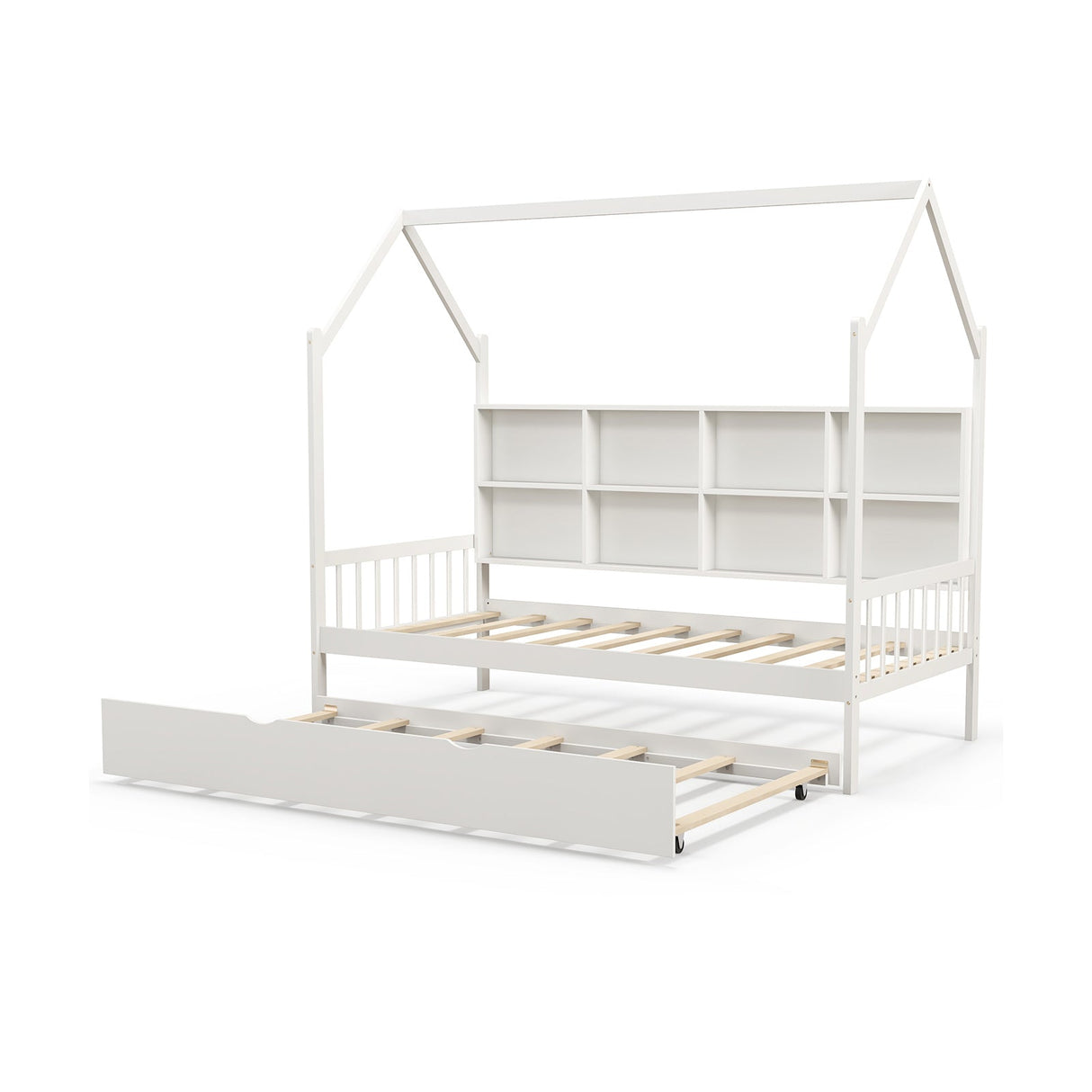 Cama nido Montessori infantil tamaño individual con techo y compartimentos de estante - Blanco