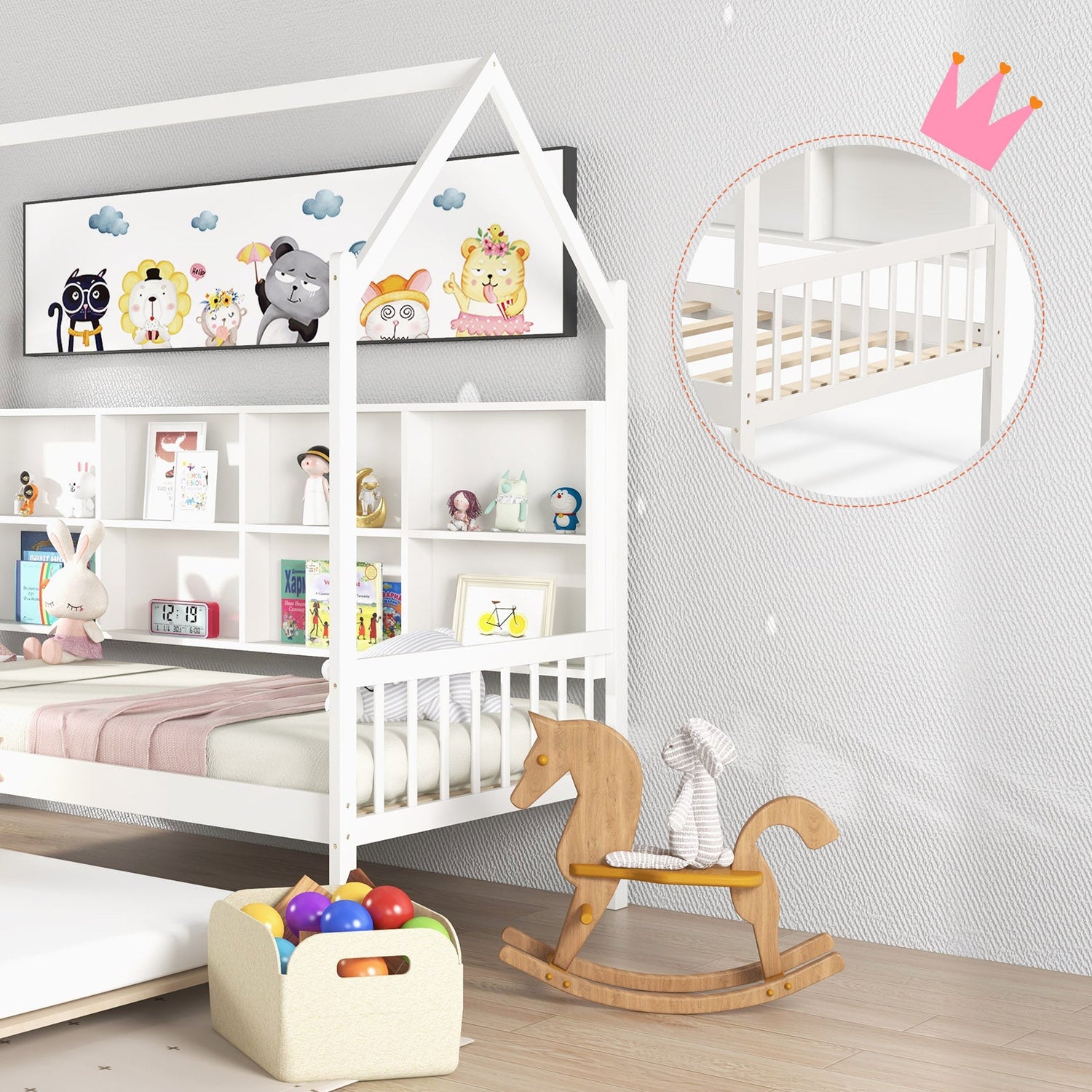 Cama nido Montessori infantil tamaño individual con techo y compartimentos de estante - Blanco