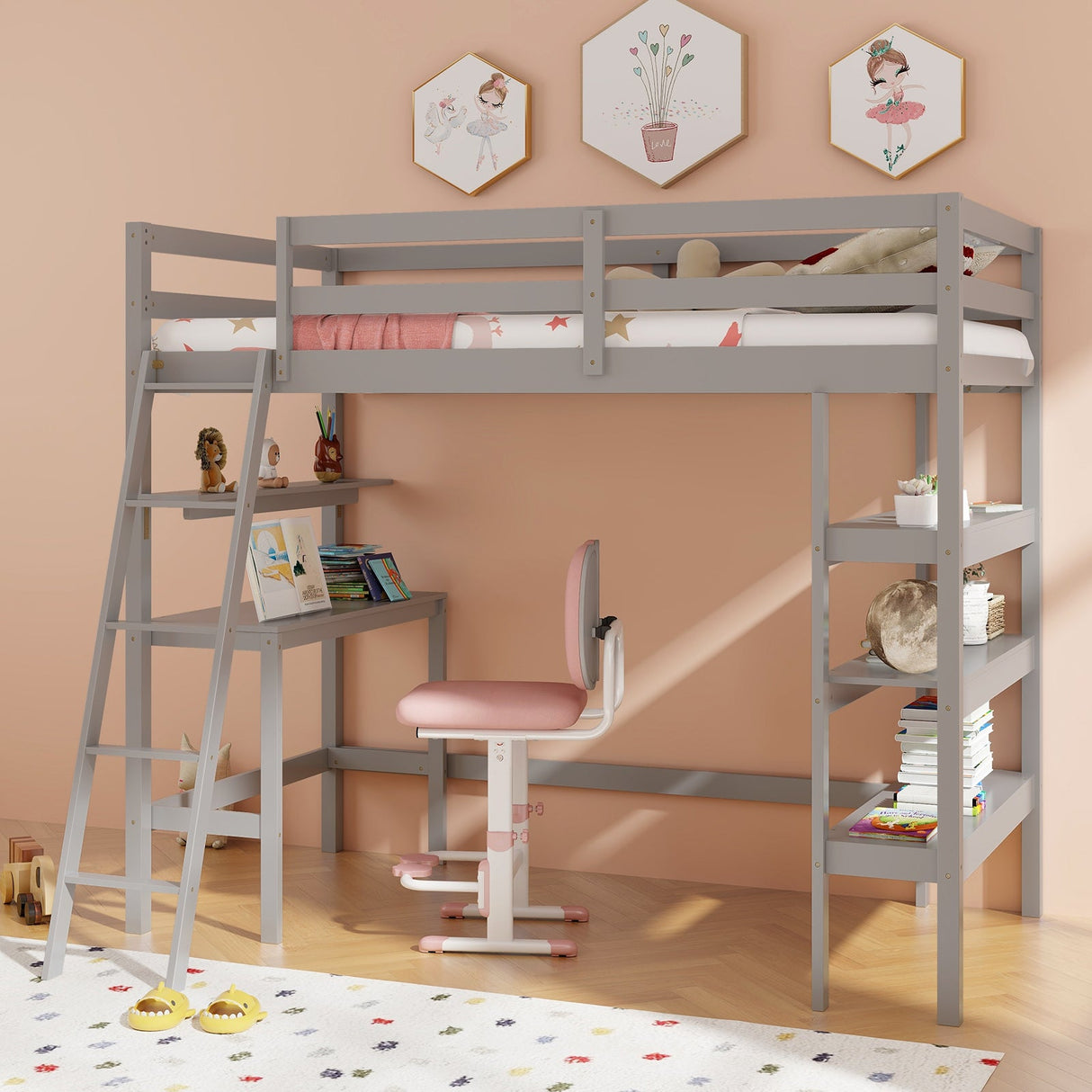 Litera alta individual con escritorio y estanterías para niños y adolescentes