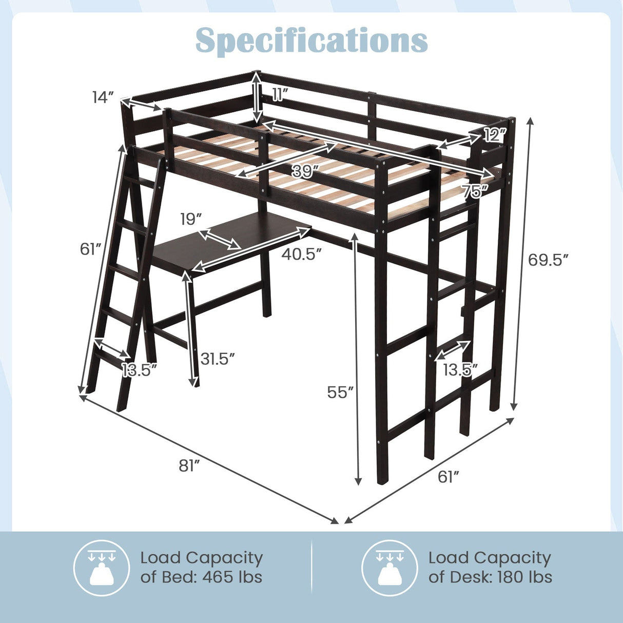 Estructura de cama alta individual con escritorio en ángulo y escalera incorporada